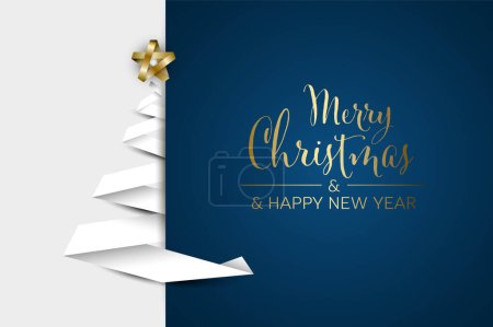 Christmas tree card template made from white  paper stripe ribbon with christmas wish text. Simple minimalistic christmas tree template layout on white and dark blue background.