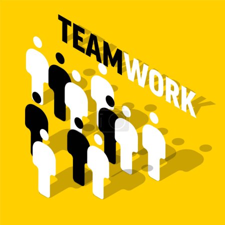 Foto de Teamwork lettering template made from team isometry members profile icons with teamwork text in the background. Teamwork concept illustration article header banner - Imagen libre de derechos