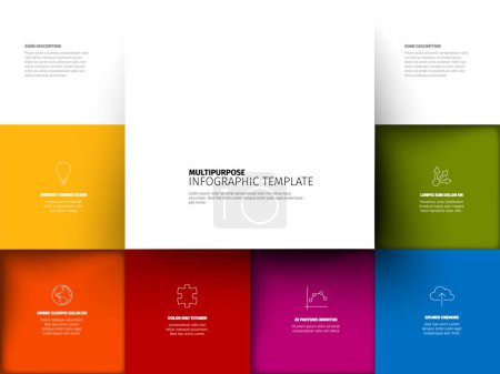 Ilustración de Vector Minimalist colorful mosaic Infographic report template with square blocks with one big block containing the infographic title. Colorful infochart with eight elements - Imagen libre de derechos