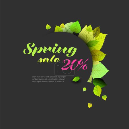 Téléchargez les illustrations : Spring minimalist sale circle label made from fresh green leafs with place for your text. Circle spring discount flyer banner social media post status or cover illustration with dark gray background - en licence libre de droit