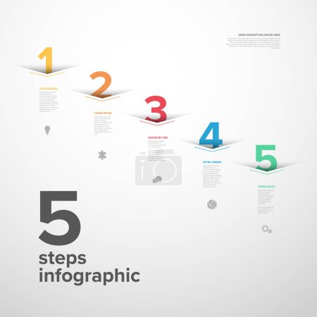 Illustration for Vector five diagonal steps progress template with big arrows and numbers with shadow cut from the paper, descriptions and icons. Light version with big color step numbers - Royalty Free Image