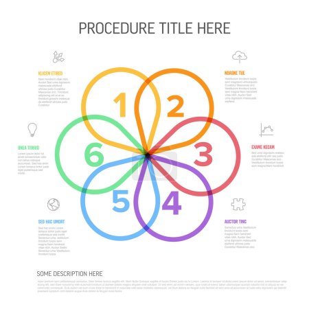 Illustration for Vector light progress six steps template cycle with descriptions, icons, thick color  big numbers for aeach step of the procedure process. Thick fresh vivid marker line cycle - Royalty Free Image