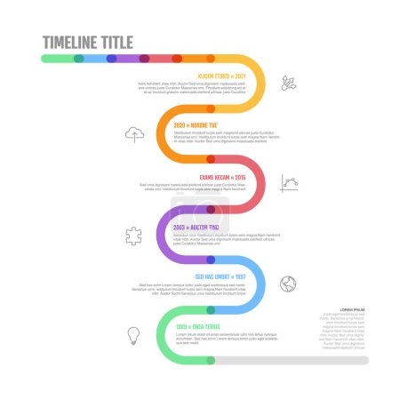 Téléchargez les illustrations : Modèle vertical courbé de chronologie de jalons d'entreprise d'infographie vectorielle. Modèle de ligne de temps de marqueur épais léger version avec des icônes. Timeline couleur épaisse avec courbes, icônes et contenu texte - en licence libre de droit