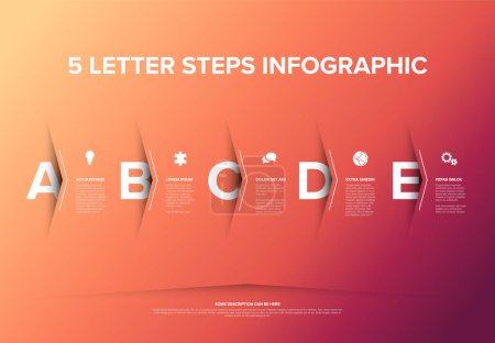 Illustration for Vector five steps progress or options template with big arrows and letters with deep shadow cut from the red paper, descriptions and icons. orange version with big color step letters - Royalty Free Image