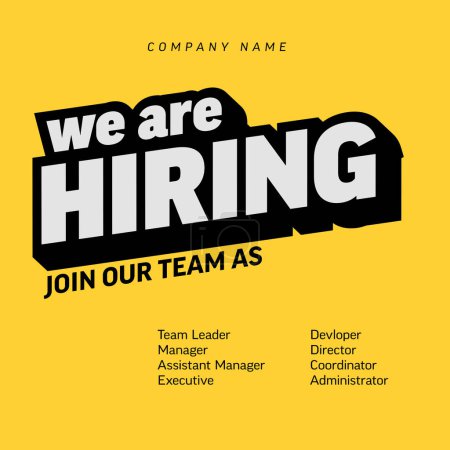 Illustration for We are hiring minimalistic flyer template - looking for new members of our team hiring a new member colleages to our company organization team. Hiring yellow flyer banner advertisement - Royalty Free Image