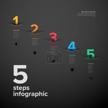 Illustration for Vector five diagonal steps progress template with big arrows and numbers with shadow cut from the paper, descriptions and icons. Dark version with big color step numbers - Royalty Free Image