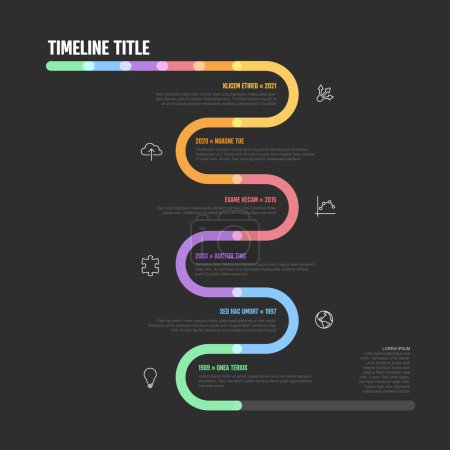 Illustration for Vector Infographic Company Milestones curved vertical Timeline Template. Dark thick marker time line template version with icons. Thick Color Timeline with curves, icons and text content - Royalty Free Image