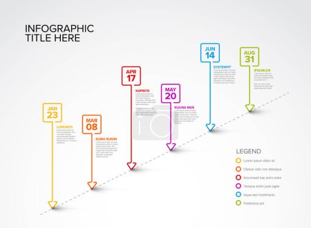 Illustration for Colorful vector infographic timeline report template with six square droplet thin line bubbles pins on simple dotted diagonal timeline - light version with six pins - Royalty Free Image
