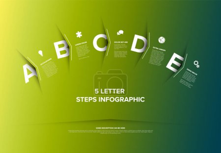 Illustration for Vector five steps progress or options template with big arrows and letters with deep shadow cut from the green paper, descriptions and icons. green version with big color step letters - Royalty Free Image