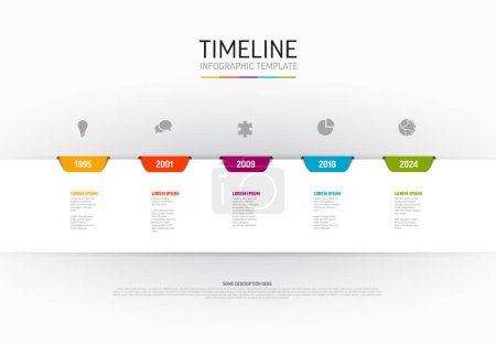 Illustration for Vector light Infographic timeline template with horizontal white stripe and colorful tabs, years, icons and descriptions. Simple minimalistic time line template - Royalty Free Image