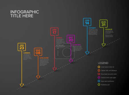 Illustration for Colorful vector infographic dark timeline report template with six square droplet thin line bubbles pins on simple dotted diagonal timeline - Dark version with six pins - Royalty Free Image