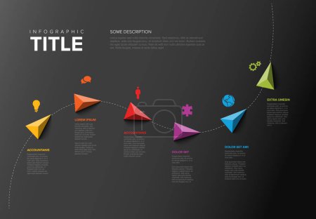 Illustration for Vector Infographic Company Milestones Timeline Template with triangle pointers on a curved line with color icons titles and descriptions on dark gray background - Royalty Free Image