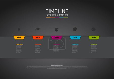 Illustration for Vector dark Infographic timeline template with horizontal white stripe and colorful tabs, years, icons and descriptions. Simple minimalistic time line template - Royalty Free Image