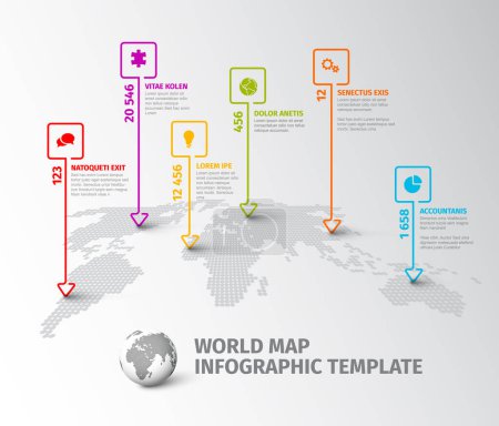 Illustration for Light World map infographic template with thin line square pointer marks and icons, description and year labels. Simple worldmap infochart template layout design - Royalty Free Image
