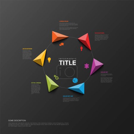 Ilustración de Vecto dark multipurpose Infographic template with title and six triangle pointers elements options in the circle. Multipurpose Infochart with modern colors. - Imagen libre de derechos