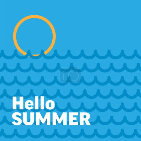 Illustration for Hello summer - vector simple minimalist summer holiday poster template with hot summer sun on blue sky, abstract waves in the sea, white lettering Hello Summer and place for your text - Royalty Free Image