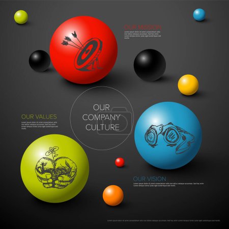 Ilustración de Vector Misión, visión y valores esquema de diagrama oscuro infografía con iconos dibujados a mano dibujados en esferas de color y con espacio para su misión - Imagen libre de derechos