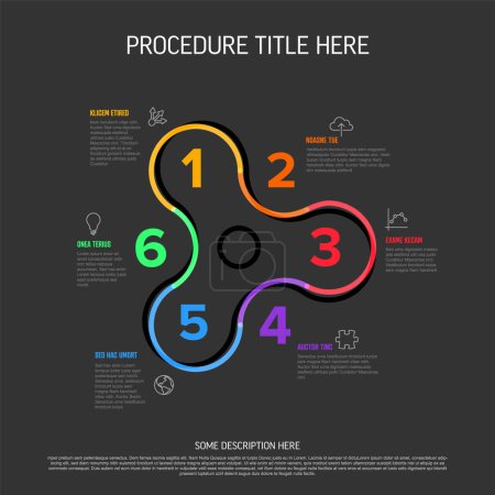 Ilustración de Minimalistic vector thick line six steps elements in spinner gadget tool shape template. Multipurpose dark infographic template with descriptions, icons, thick color  big numbers for aeach step of the procedure process - Imagen libre de derechos