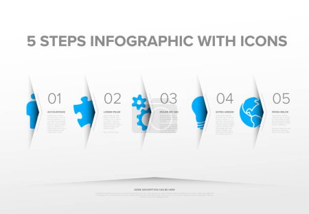 Ilustración de Vector five steps progress or options template with big icons and deep shadow cut from the white paper, descriptions and icons. Blue accent version with big color icons - Imagen libre de derechos