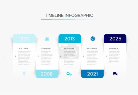 Ilustración de Vector simple infographic horizontal time line template with rectangle placeholders. Business company timeline overview profile with icons and text blocks. Multipurpose timeline infograph or infochart. - Imagen libre de derechos