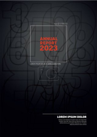 Ilustración de Vector dark abstract annual report cover template with sample text and abstract big numbers  - annual report document or brochure front page with corporate style - Imagen libre de derechos