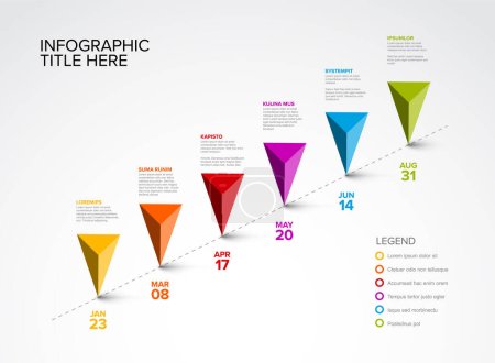 Illustration for Colorful vector infographic timeline report template with six triangle pyramid arrows pointer pins on simple dotted diagonal timeline - light version with six pins - Royalty Free Image