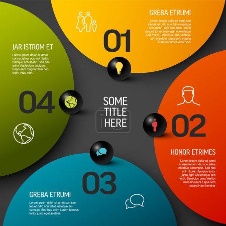 Illustration for Abstract dark schema template with four color sections or progress template with four steps on big color circles, numbers and icons on black spheres. multipurpose schema infochart - Royalty Free Image