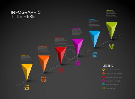 Illustration for Colorful vector infographic timeline report template with six triangle pyramid arrows pointer pins on simple dotted diagonal timeline - dark version with six pins - Royalty Free Image