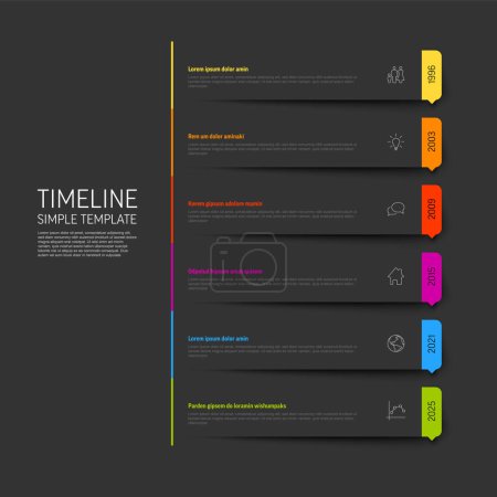 Ilustración de Vector dark simple infographic vertical time line template with rectangle placeholders. Business company timeline overview profile with icons and text blocks. Multipurpose timeline infograph or infochart. - Imagen libre de derechos