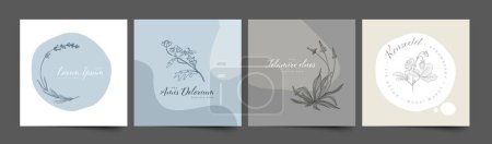 Ilustración de Colección de plantillas de marcos de emblema floral minimalista hecha de flores y hojas simples para invitaciones de boda impresión del producto o signo de emblema con manchas circulares - Imagen libre de derechos