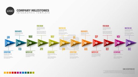 Illustration for Full year timeline template with all rainbow colored months on a horizontal time line as big color pyramid triangle arrows in one long row, month names and short descriptions, all on white background - Royalty Free Image