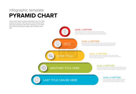 Illustration for Vector Infographic stipe layers template with five levels - color pyramid template on light background with icons in circles and descriptions - Royalty Free Image