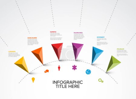 Illustration for Colorful vector infographic timeline report template with six triangle pyramid arrows pointer pins on simple dotted circle  timeline - light version with six pins - Royalty Free Image