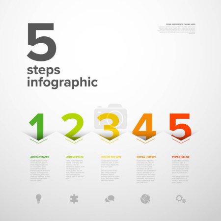Illustration for Vector light five steps progress template with big arrows and numbers with deep shadow cut from the paper, descriptions and icons. Light version with big green yellow red  step numbers - Royalty Free Image