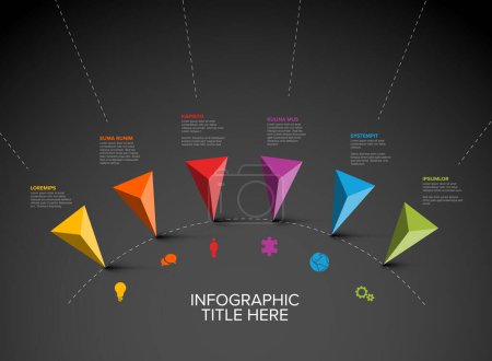 Illustration for Colorful vector infographic timeline report template with six triangle pyramid arrows pointer pins on simple dotted circle  timeline - Dark version with six pins - Royalty Free Image