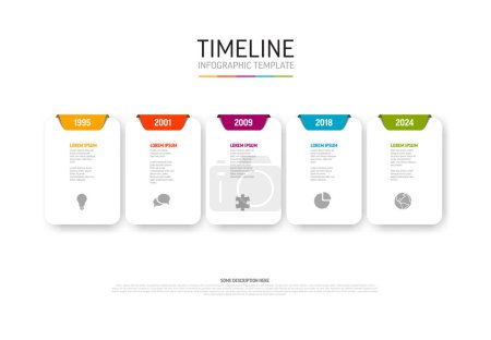 Illustration for Vector light Infographic timeline template with white rounded cards and colorful tabs, years, icons and descriptions. Simple minimalistic time line template - Royalty Free Image