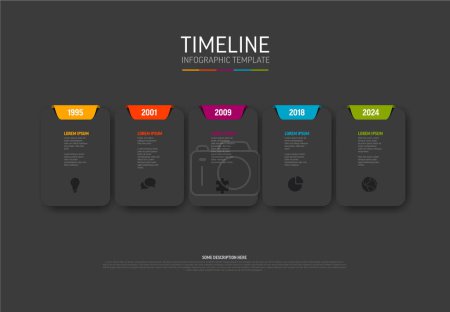 Illustration for Vector dark Infographic timeline template with dark gray rounded cards and colorful tabs, years, icons and descriptions. Simple minimalistic time line template - Royalty Free Image