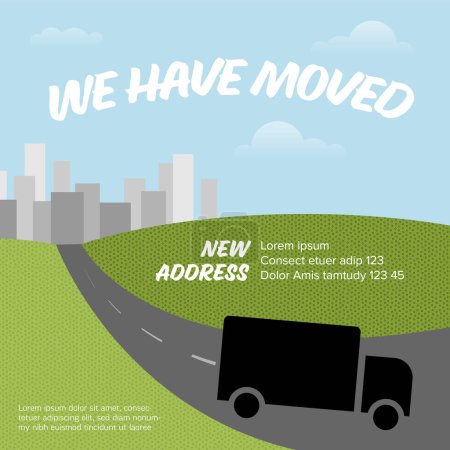 Illustration for We are moving minimalistic landscape flyer template with place for new company office shop location address with lovely car image and blue sky. Template for poster flyer with new address after relocation. - Royalty Free Image
