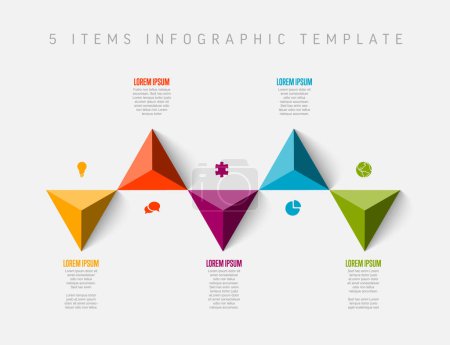 Illustration for Vector light multipurpose Infographic template made from five color big triangle arrows containing five item elements descriptions and legend - white background version with 5 steps elements - Royalty Free Image