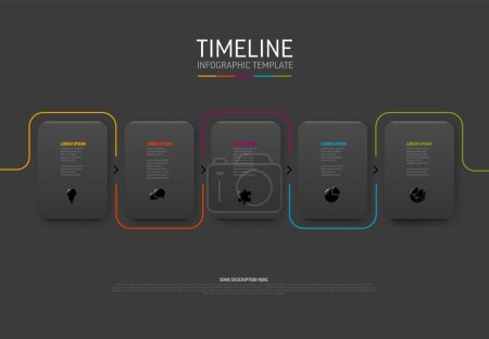 Illustration for Vector dark Infographic template with white rounded cards and colorful tabs, years, icons and descriptions. Simple minimalistic time line template - Royalty Free Image