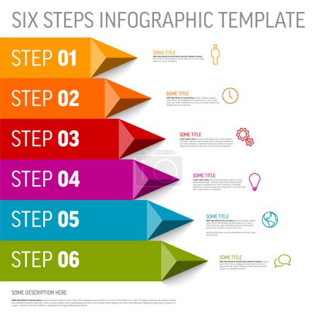 Illustration for Vector multipurpose Infographic template with title and six steps items. Multipurpose Infochart with modern colors stripe lines icons and pyramid triangle arrows pointing on one direction. - Royalty Free Image