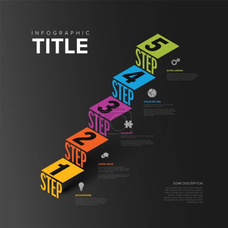 Illustration for Vector dark Infographic steps diagram template for workflow, business schema or procedure diagram - dark version with icons and isometry texts. Progress steps with titles descriptions and icons - Royalty Free Image