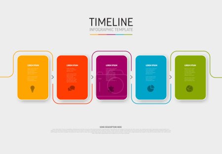 Illustration for Vector light Infographic template with white rounded colorful cards with light border in one row with icons titles and descriptions. Simple minimalistic time line steps template - Royalty Free Image