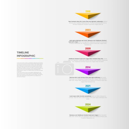 Illustration for Colorful vector infographic timeline report template with six triangle pyramid arrows pointer pins on simple vertical timeline - light version with six pins - Royalty Free Image