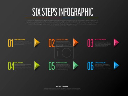 Illustration for Vector dark six steps progress template with big triangle pyramid arrows and numbers, descriptions. Dark version with big green yellow red step numbers - Royalty Free Image