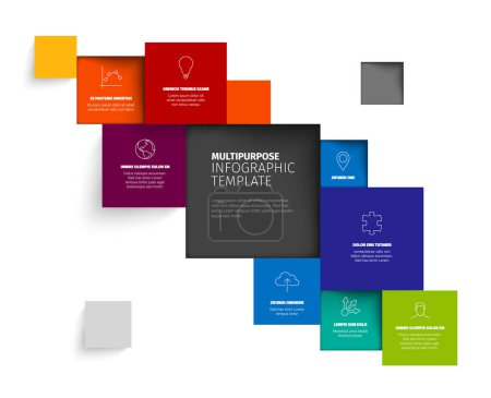 Illustration for Vector Minimalist colorful diagonal mosaic Infographic report template with various square blocks with one big block containing the infographic title. Colorful infochart with squares icons and texts - Royalty Free Image