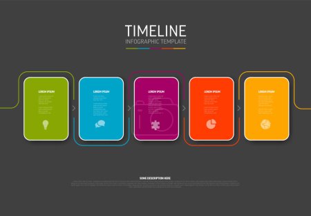 Illustration for Vector dark Infographic template with white rounded colorful cards with light border in one row with icons titles and descriptions. Simple minimalistic time line steps template - Royalty Free Image