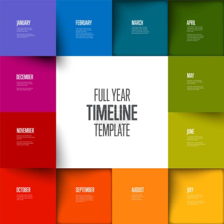 Téléchargez les illustrations : Modèle de chronologie de l'année complète avec tous les mois de couleur arc-en-ciel comme carrés dans un grand carré, noms de mois et courtes descriptions, le tout sur fond blanc - en licence libre de droit