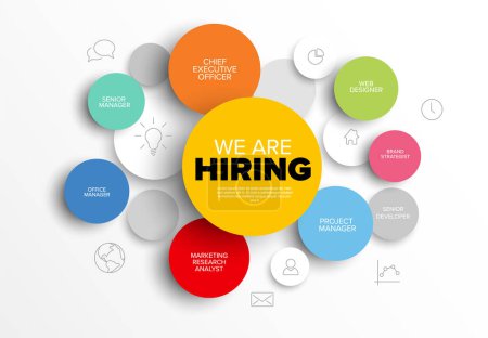 Illustration for We are hiring minimalistic flyer template - looking for new members of our team hiring a new member colleages to our company organization team - simple motive with circle bubbles - Royalty Free Image