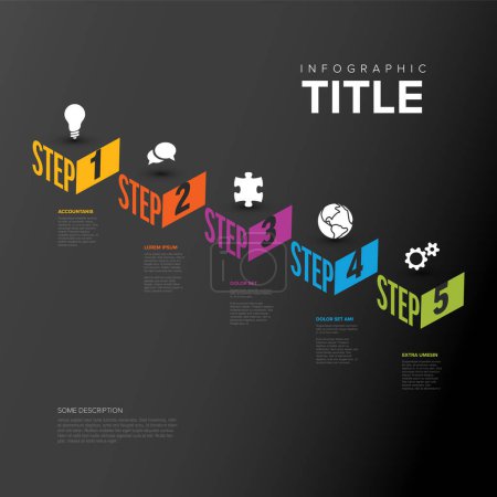 Illustration for Vector Infographic steps diagram template for workflow, business schema or procedure diagram - dark  version with icons and isometry texts. Progress steps with titles descriptions and icons - Royalty Free Image